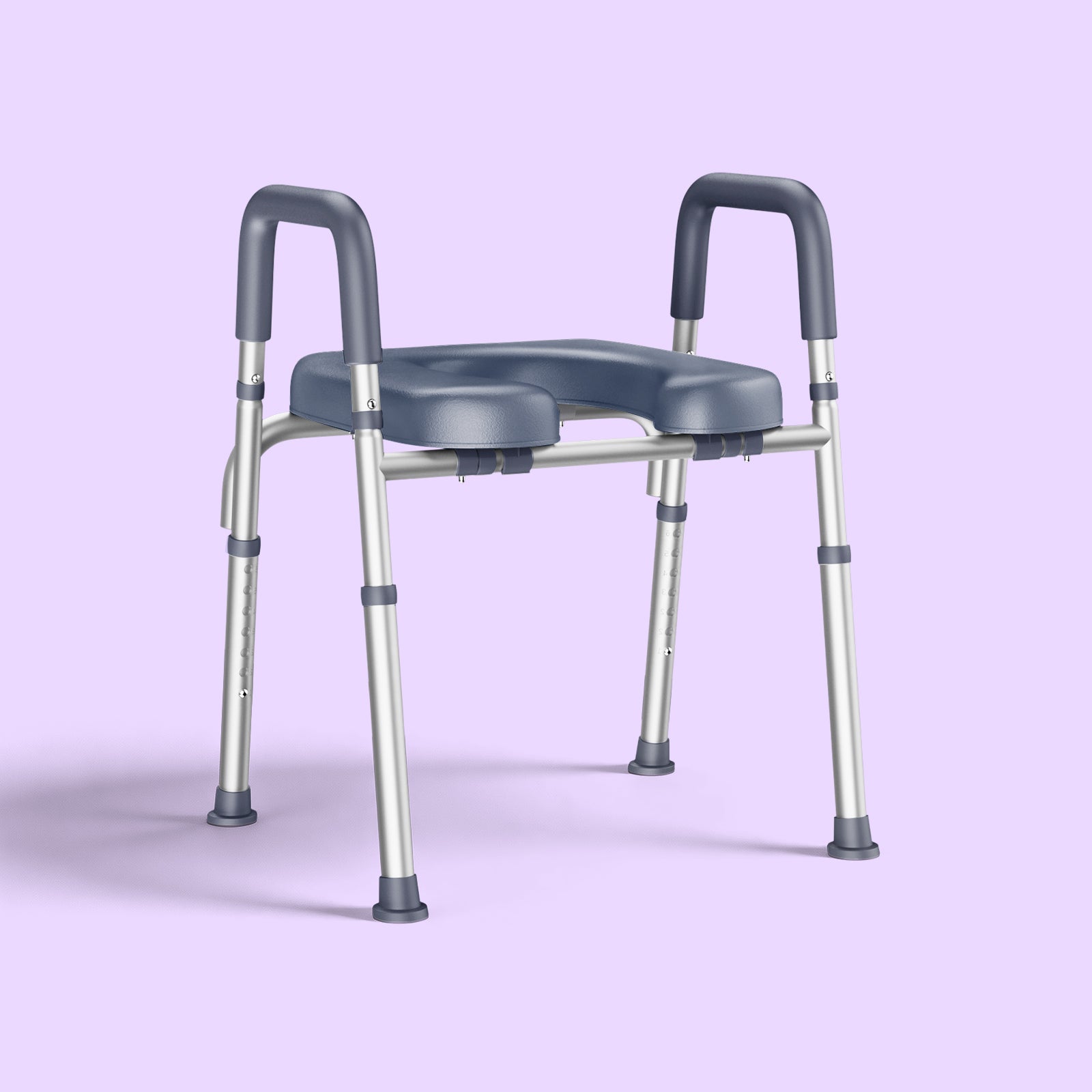 Gray bathroom aid stool with handles on a light purple background