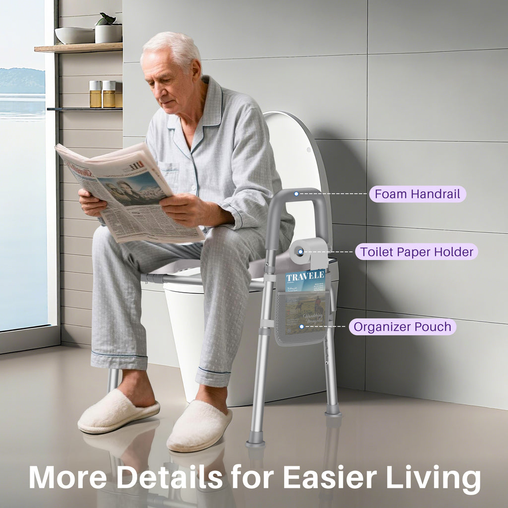 Man using a bathroom with a foam handrail, toilet paper holder, and organizer pouch attached to a chair