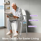 Man using a bathroom with a foam handrail, toilet paper holder, and organizer pouch attached to a chair