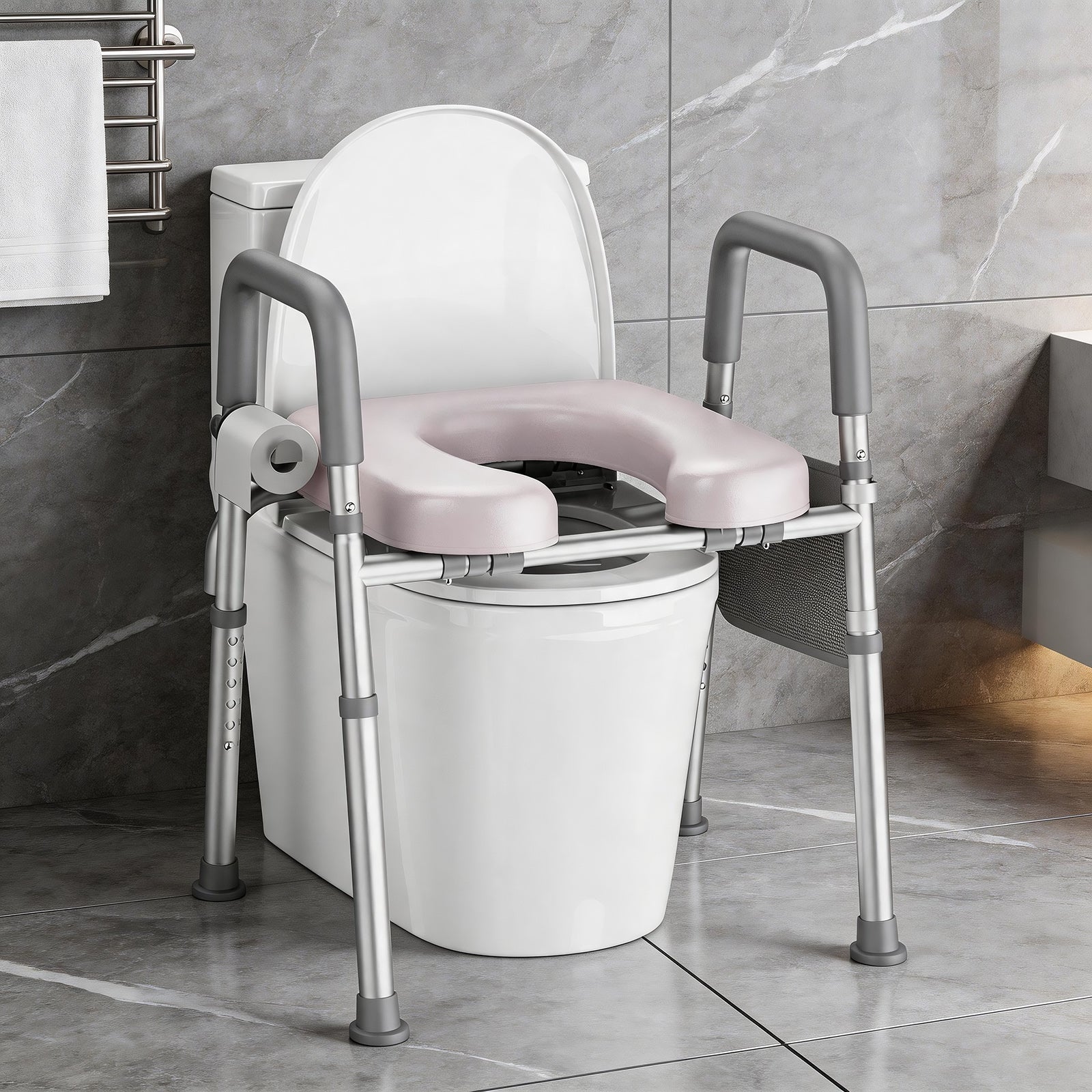 Bathroom commode chair with adjustable height in a tiled bathroom setting.