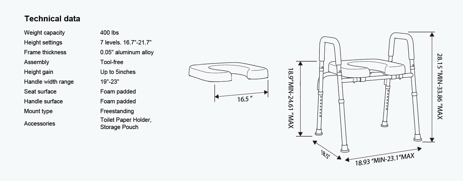 Technical specifications and dimensions of kekoy bathroom riser chair
