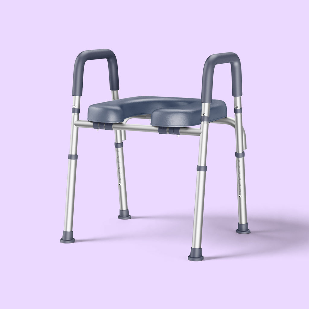 Bathroom toilet seat with arms on a light purple background