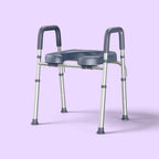 Bathroom toilet seat with arms on a light purple background