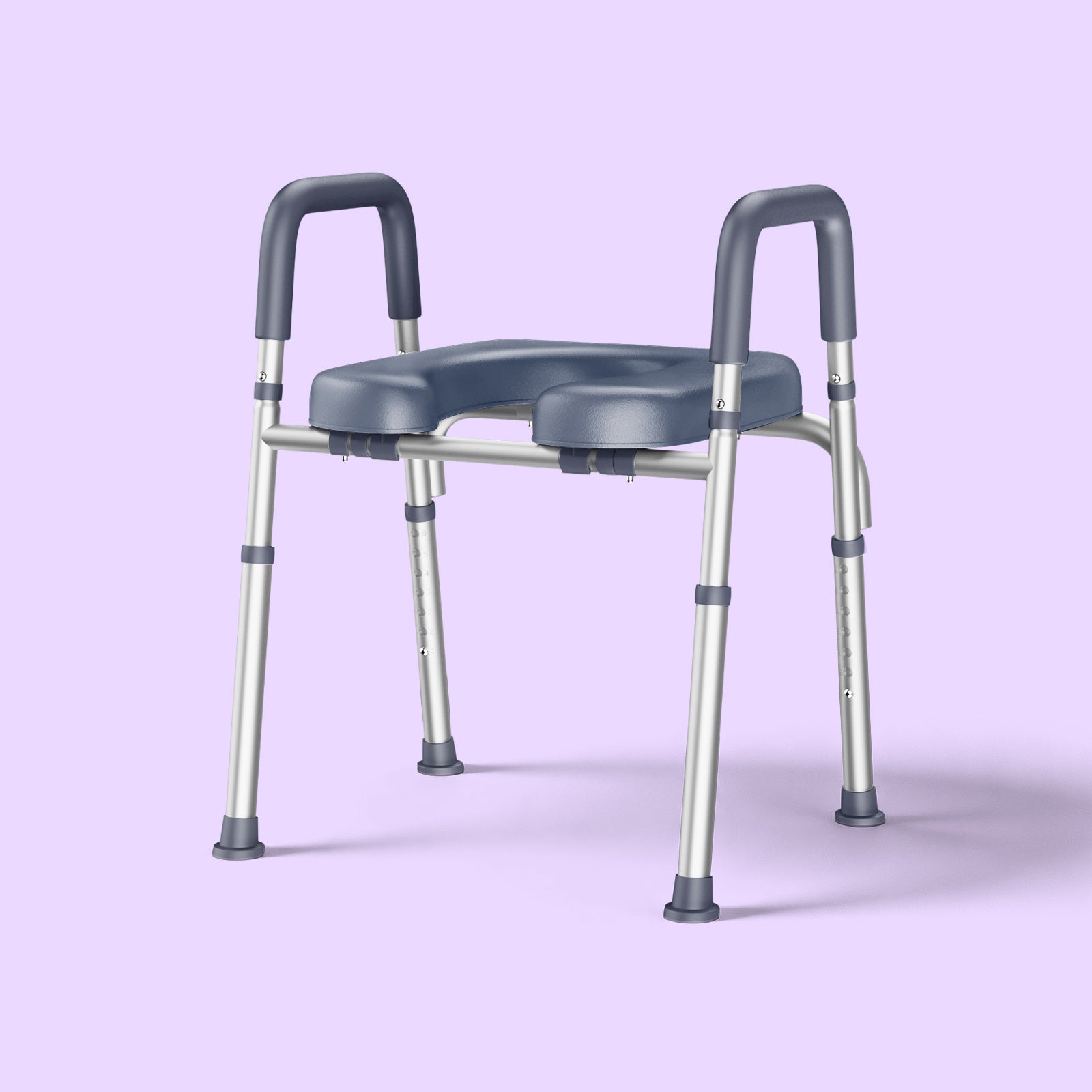 Bathroom toilet seat with arms on a light purple background