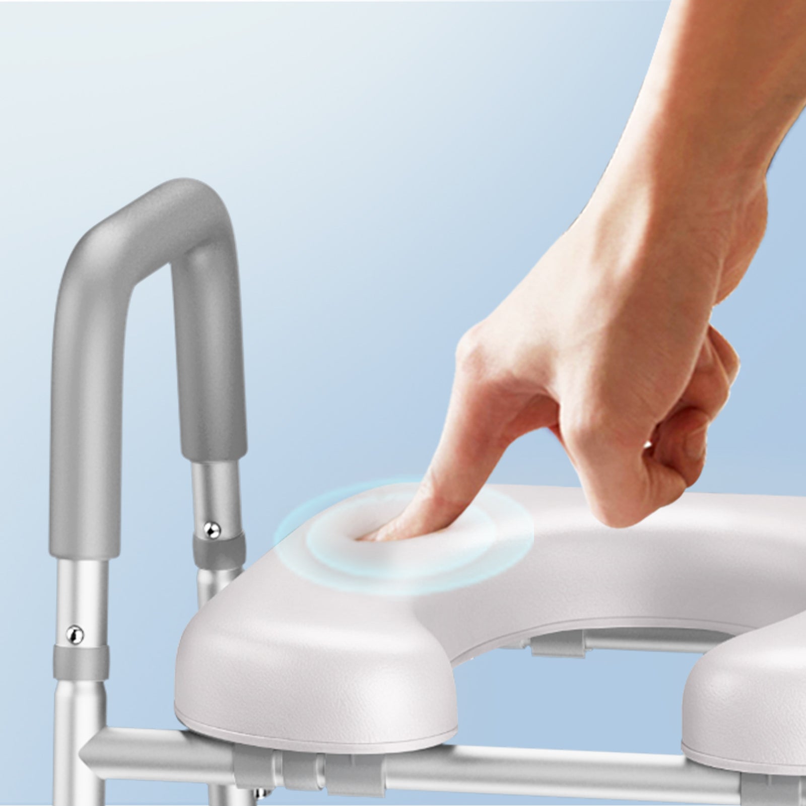 toilet seat with a handle on a light blue background
