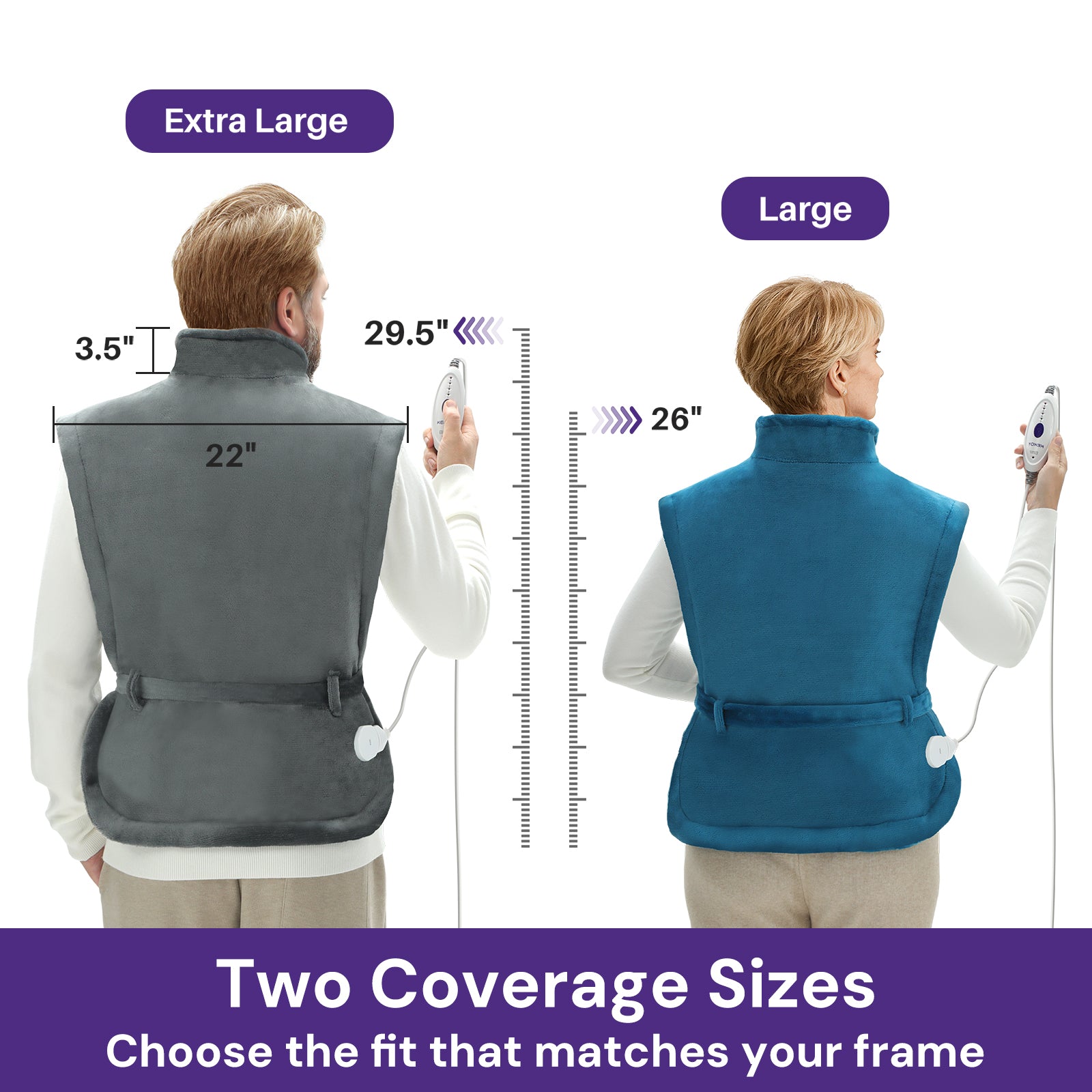 kekoy electric heating pad size guide on a white background.