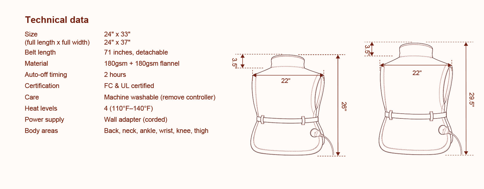 Technical specification and dimension diagram for kekoy wearable heating pad