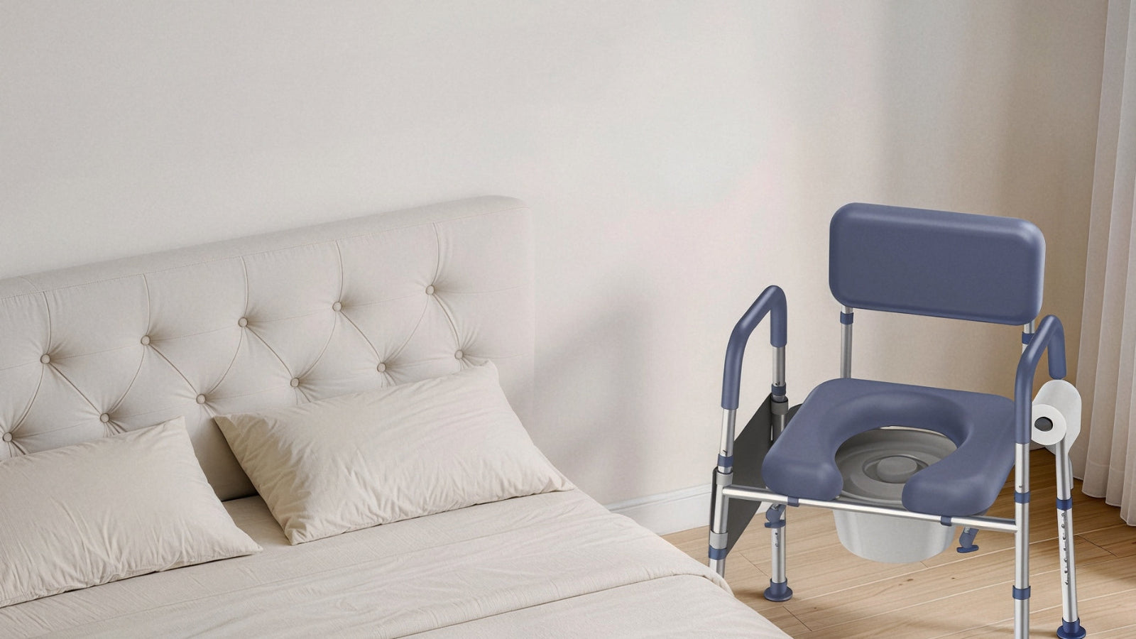 commode chair with armrests in a softly lit bedroom.