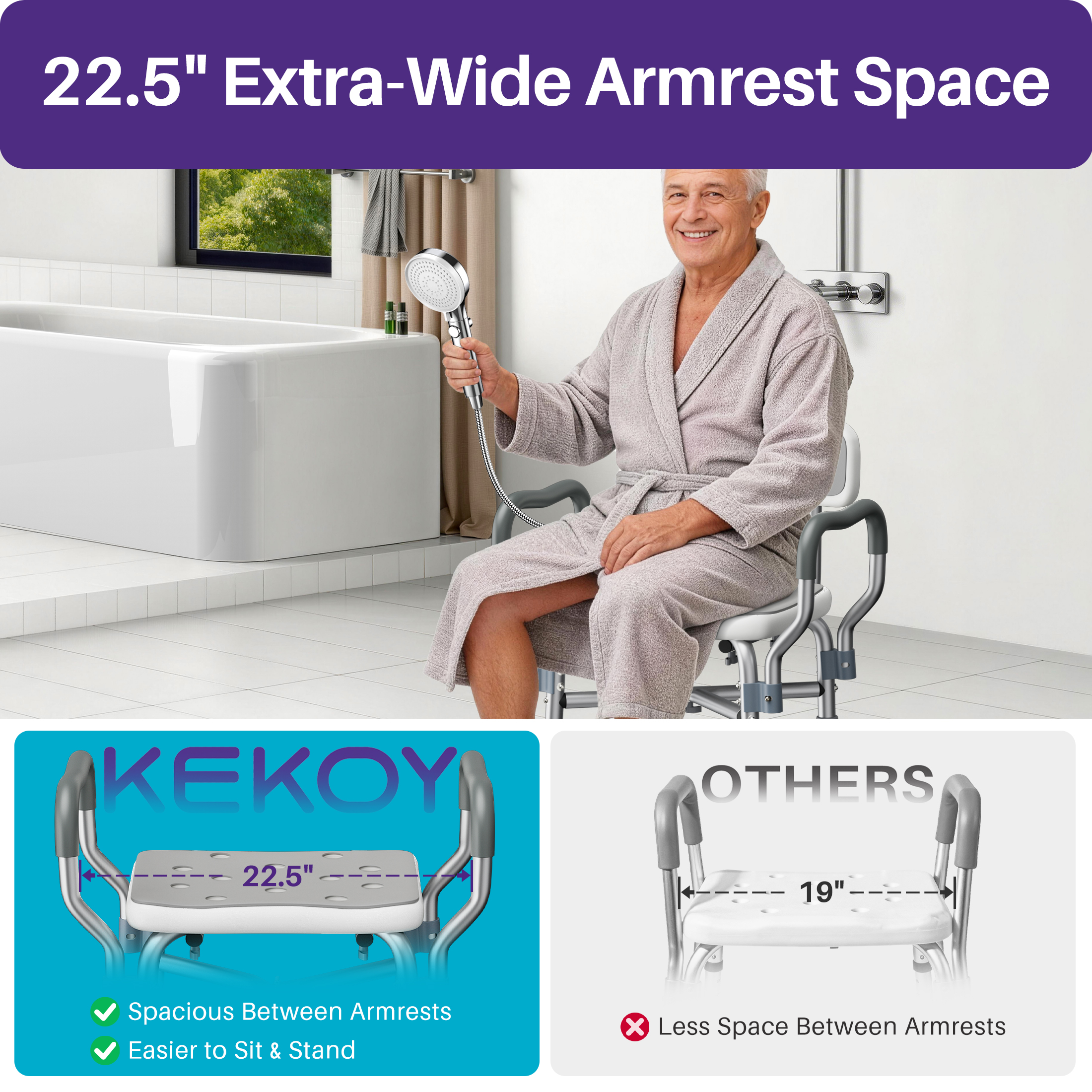 KEKOY Shower Chair for Inside Shower with Back and Arms, 550LBS Heavy Duty Shower Chair, 22.5" Extra Wide Space Between Armrests, Large Suction Feet, FSA/HSA Adjustable Shower Chair for Elderly