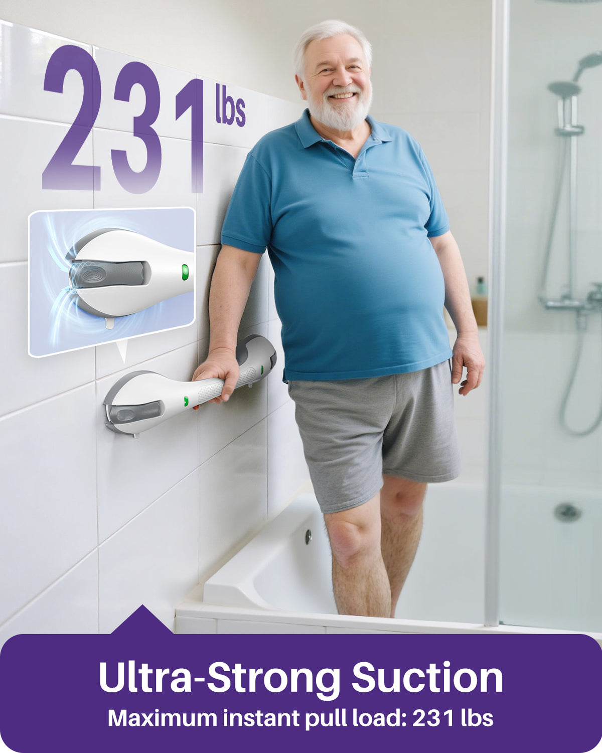 KEKOY 17.5" Shower Handles for Elderly with Safety Indicators, 2 Pack Grab Bars for Bathroom Stronger Suction Cup, Heavy Duty Shower Bars, Bathroom Safety Bars for Seniors, No Drilling