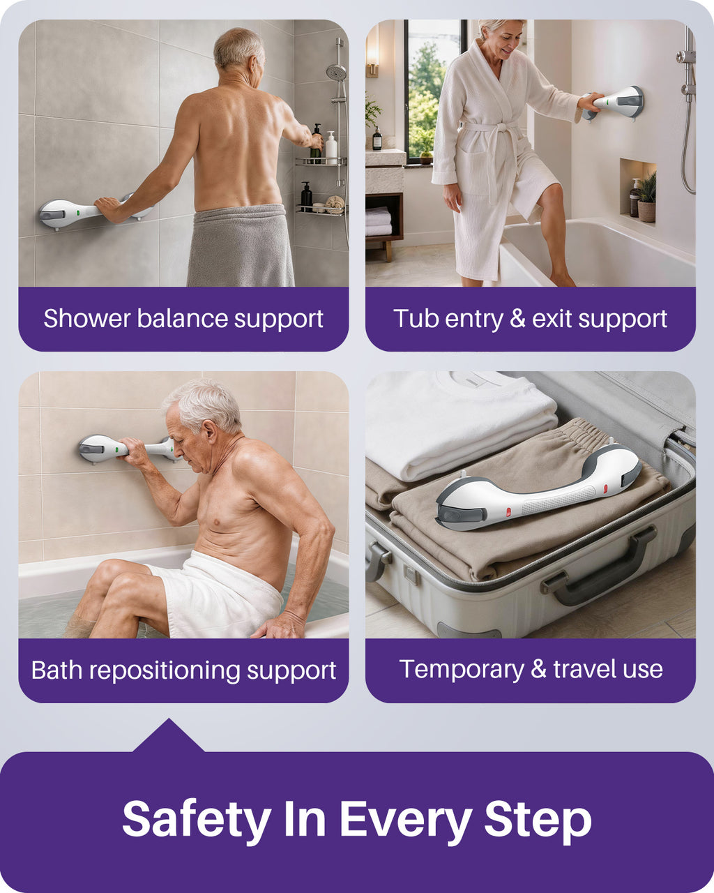 KEKOY 17.5" Shower Handles for Elderly with Safety Indicators, 2 Pack Grab Bars for Bathroom Stronger Suction Cup, Heavy Duty Shower Bars, Bathroom Safety Bars for Seniors, No Drilling