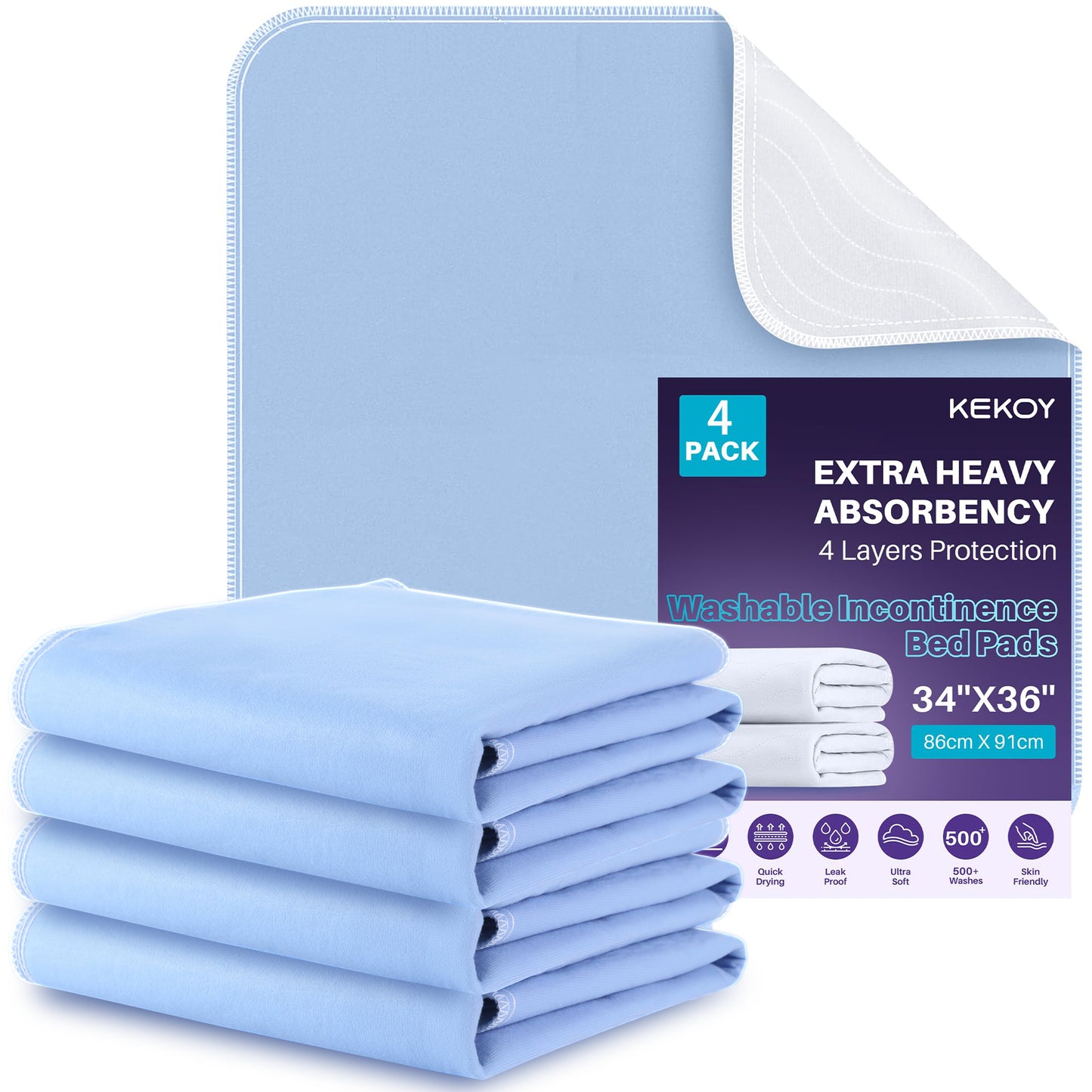 KEKOY Reusable & Washable 34x36 inch Bed Pads for Incontinence, 4 Pack Waterproof Pee Pads for Adults, Seniors, and Pets