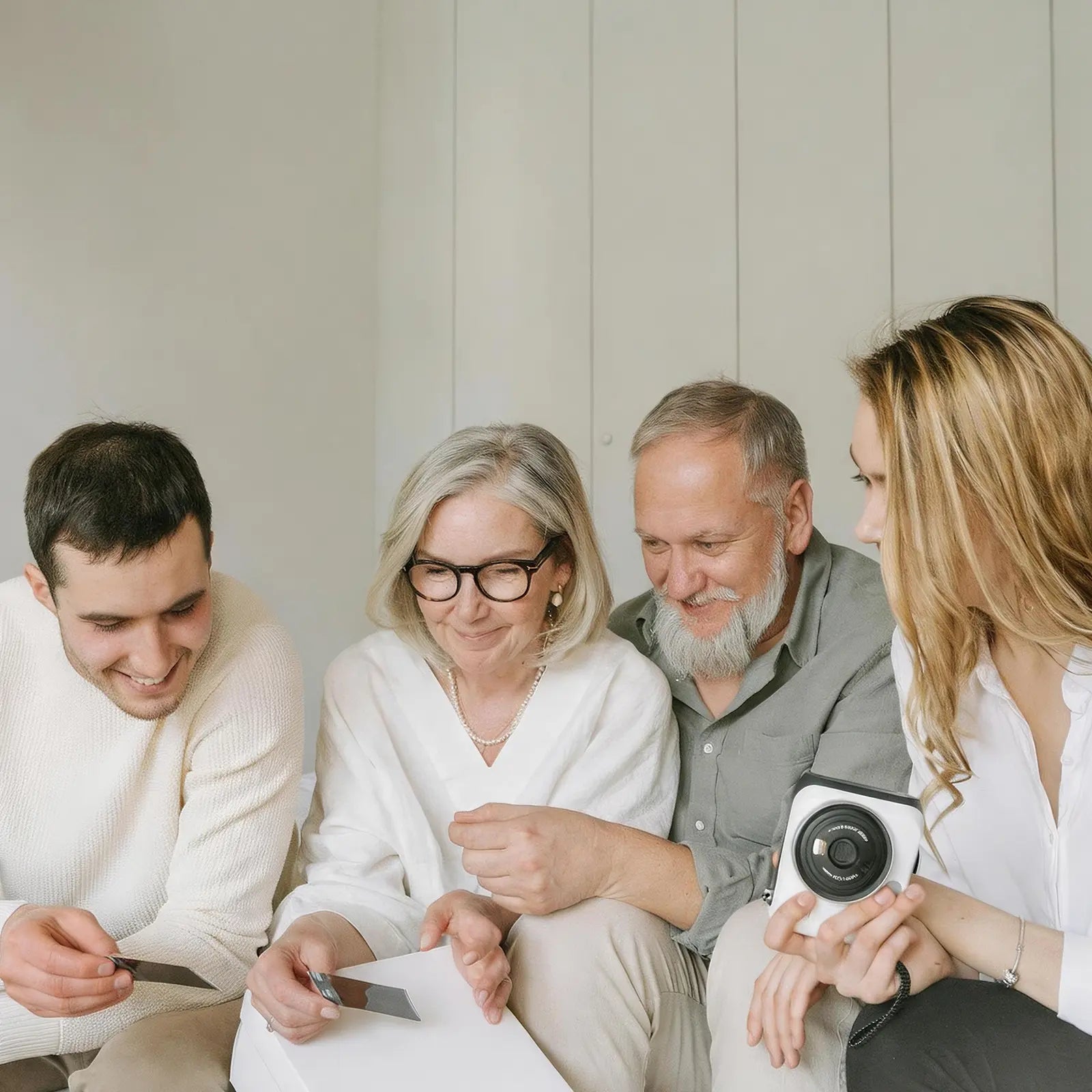 Two couples sitting together, looking at a smartphone with a camera on it.