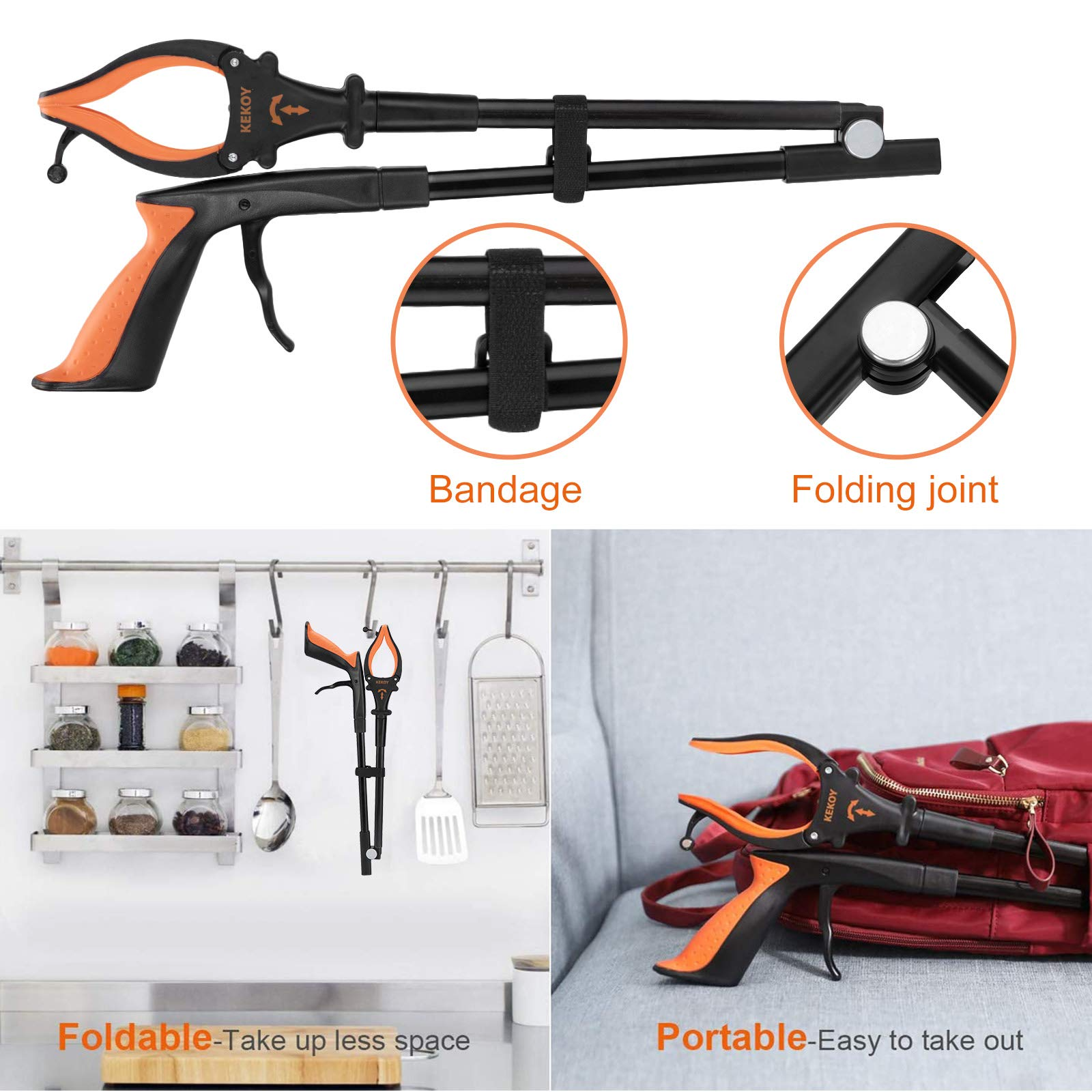 32" Reacher Grabber Tool with Light, KEKOY Trash Claw Grabber Reaching Assist Pick up Tool Orange